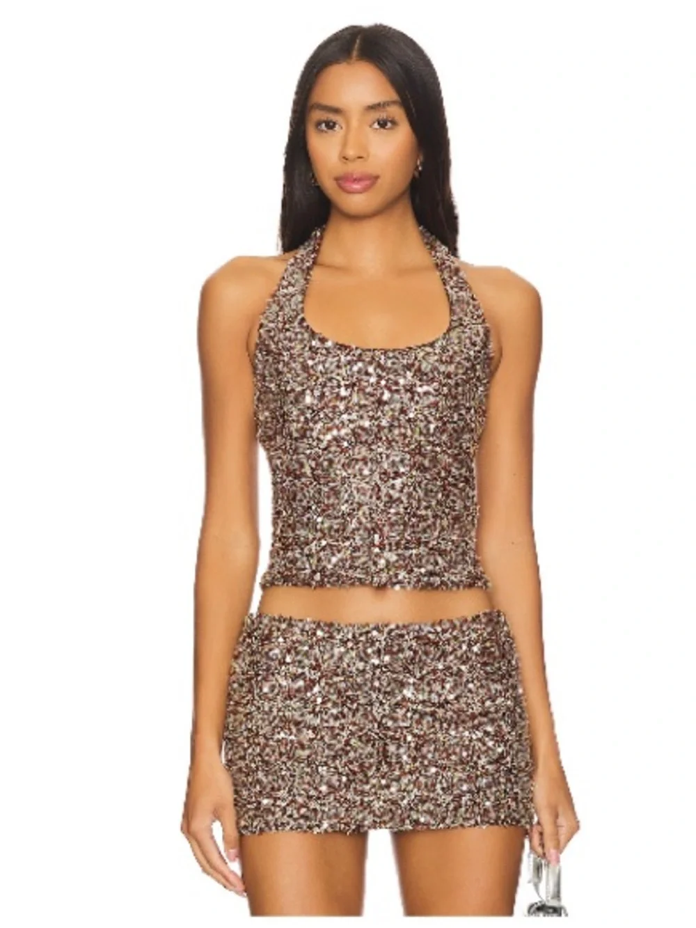 Siedres Juli Fitted Sequin Halter Tank Top in Brown - Picture 4 of 5